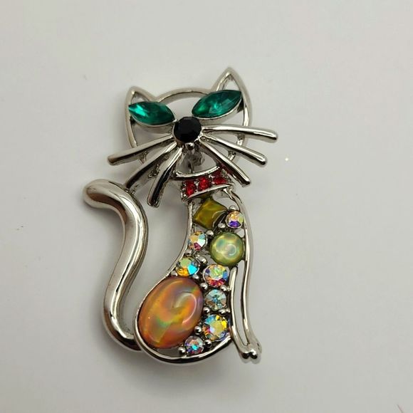 Vintage shiny multi-crystal silver tone cat brooch - Picture 6 of 6